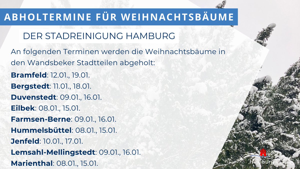 BAWandsbek's tweet photo. 🎄 Wohin mit dem #Weihnachtsbaum? Zum Beispiel in der Tauschecke im Botanischen @Sondergarten abstellen oder von der Stadtreinigung abholen lassen. Die Termine und weitere Infos sind in den Grafiken zu finden 👇 https://t.co/5nIdnoDeNz