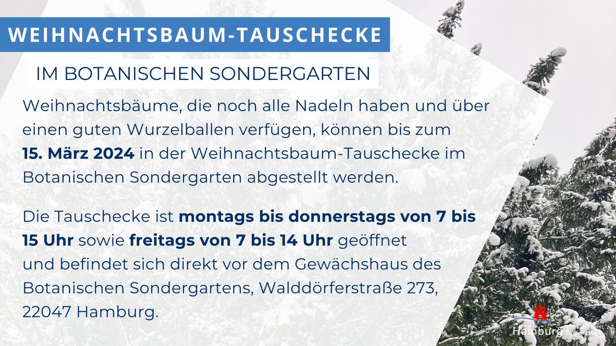 BAWandsbek's tweet photo. 🎄 Wohin mit dem #Weihnachtsbaum? Zum Beispiel in der Tauschecke im Botanischen @Sondergarten abstellen oder von der Stadtreinigung abholen lassen. Die Termine und weitere Infos sind in den Grafiken zu finden 👇 https://t.co/5nIdnoDeNz