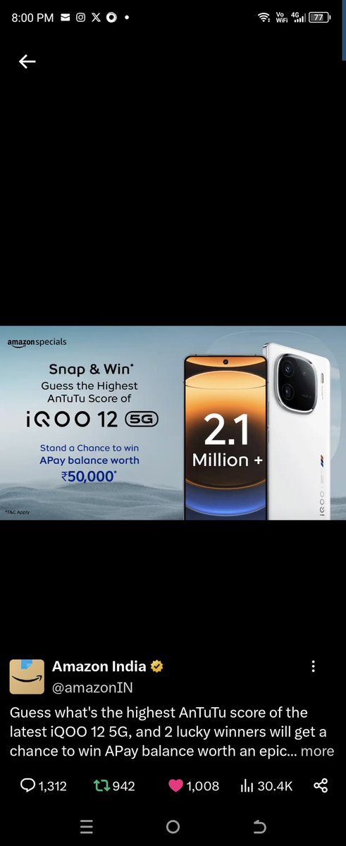 <a href="/amazonIN/">Amazon India</a> The highest AnTuTu score of iQOO 12 5G is 

👉👉 2.1 Million+ 👈👈

#AmazonSpecials #iQOO125GOnAmazonSpecials #ContestAlert #ContestsOnTwitter <a href="/amazonIN/">Amazon India</a>