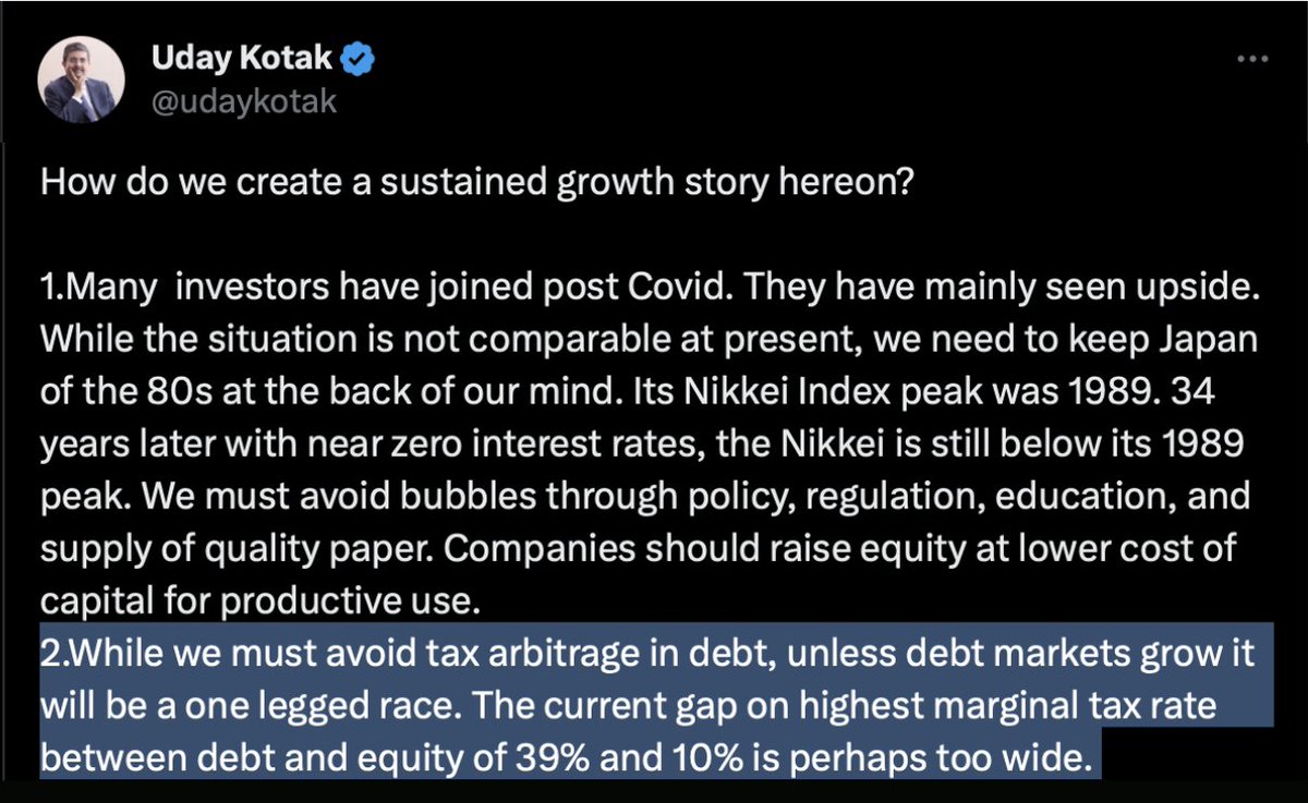 anshgupta64's tweet photo. Completely agree with @udaykotak 
A country can’t run on one leg!

We can’t expect development in India if investors only participate in equity and very limited in debt.

While SEBI is working on it, we would love to see improvements in the debt market including-

1. The tax rate on debt should come down to see more people investing in the debt market. The difference in tax rates between equity and debt is too high right now.

2. People still cannot invest in 98% of the bonds because of the 1L ticket size. With the recent SEBI consultation paper, we can expect it to go down to 10,000 soon.

3. TDS in the secondary market of listed bonds was a regressive step. This reduces the incentives to participate in the secondary market.

Eg- If a person buys bonds from the secondary market just 1 month before the interest payout, even though he will earn interest for 1 month, he will have to pay tax for the whole interest amount for the year.

4. NRI investment in corporate bonds should be allowed. RBI needs to amend FEMA regulations to allow this. This can open a significant pool of capital for Indian corporates.

We would love to see great improvements in the debt market to continue walking towards financial development.