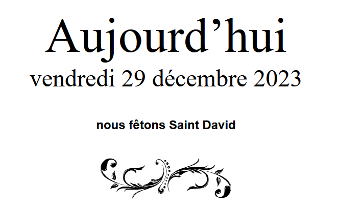 ephemeride's tweet photo. Aujourd'hui, vendredi 29 decembre 2023,
nous fêtons Saint David.
David, de l'hébreu daoud, "aimé".

#ephemeride #saint #saintdujour #saints #fete #Agenda #David https://t.co/Ls0J7tQJBu