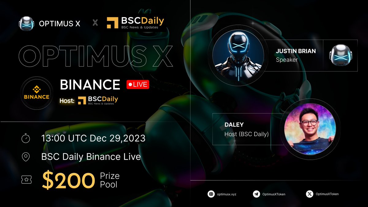 OptimusXToken's tweet image. 🔸 BSCDaily x OPTIMUSX AMA Announcement  📢

🟢We are announcing to the community that BSCDaily and #OPX will have an AMA on Dec 29th on Binance Live

@OptimusXToken will share information and OPX&apos;s upcoming plans in detail with the BSCDaily community and millions of users on the…
