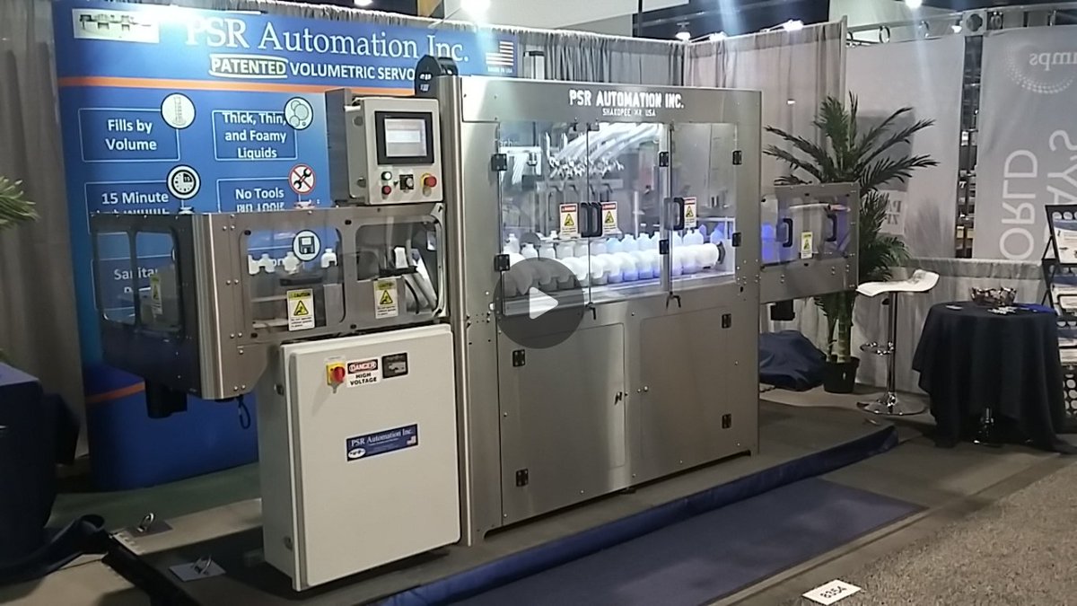 AutomationPsr's tweet photo. PSR Automation Inc. displays a new style of machine at PackExpo; the Dual Lane Continuous Motion #Filler. Up to 160BPM, 15 minute changeover, and simple controls.

A special lighting effect was employed, giving the appearance of water being filled. https://t.co/cqgYRpzAQD https://t.co/njjcT2zwl9