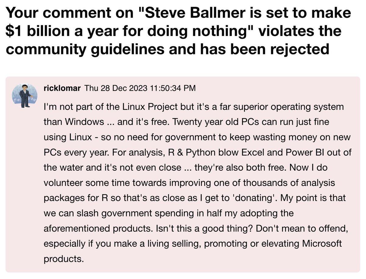 ricklomar's tweet photo. I still use #Yahoo to access my contacts from the 90's &amp; 00s. Sometimes I comment on articles. These were rejected without reason. One points out free alternatives to Microsoft, the other how eatery tipping is moot outside USA because the workers own their eateries #censorship https://t.co/IBt1Ryvkbc