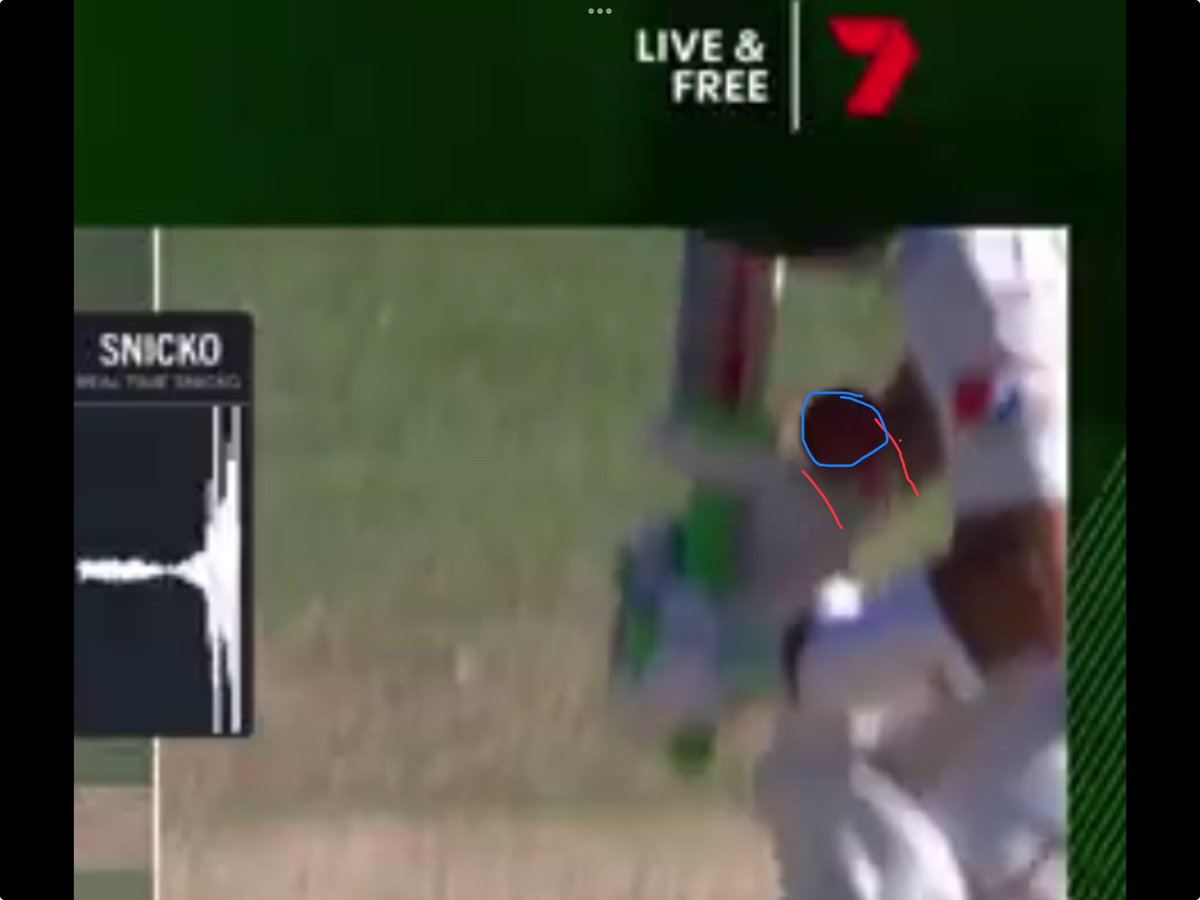 SportingFreak63's tweet photo. @cricketcomau @nrmainsurance Ball highlighted in blue; wristband in red.
Wristband is considered part of the glove (as per quoted post), therefore this is OUT! https://t.co/MHwtzcv3uq