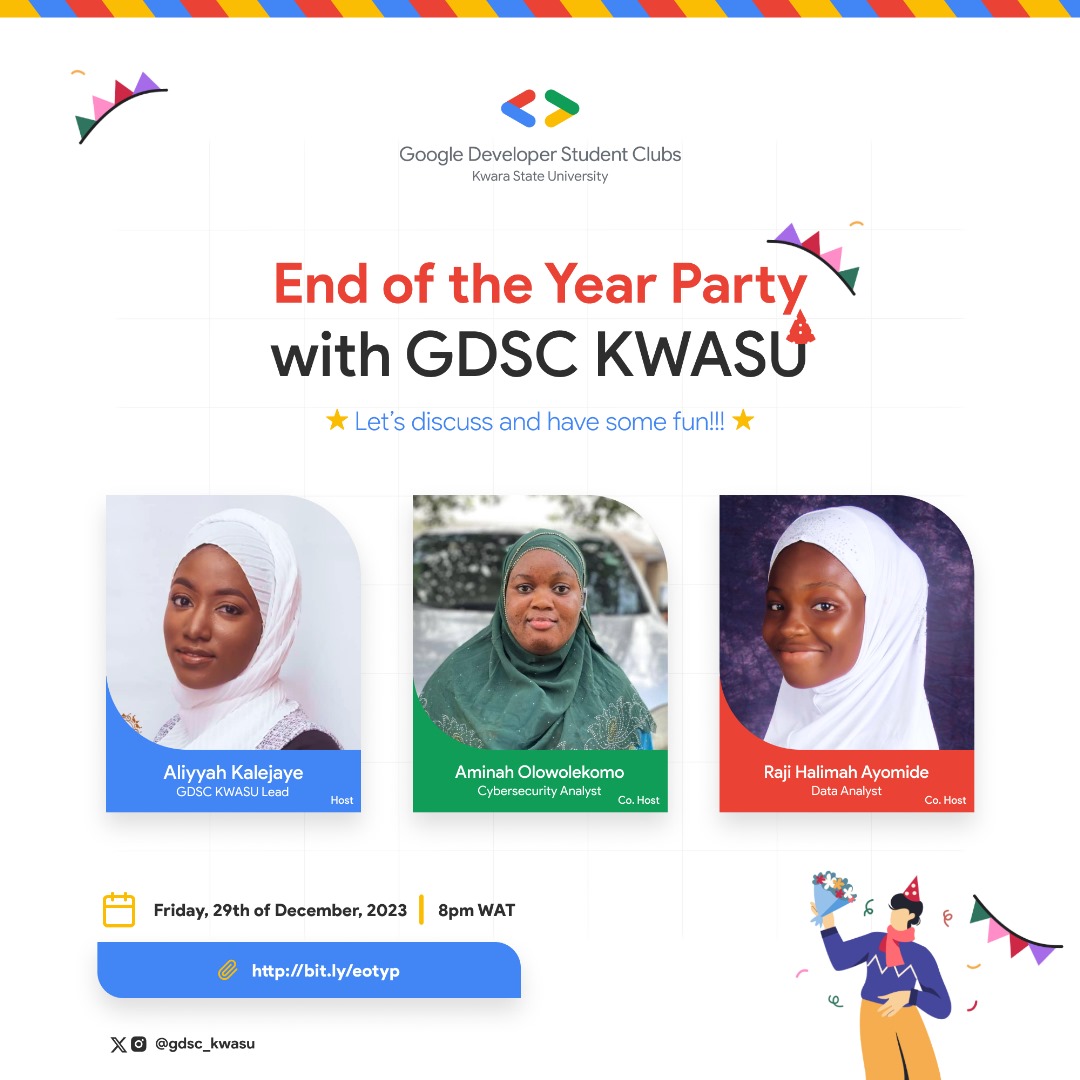 GDG On Campus KWASU 🚀 (@gdgoc_kwasu) on Twitter photo It’s party day!!
Join us on our Twitter space this night by 8 pm, as we celebrate, reconnect, and set goals for the new year. 🤩
Don’t miss it! It’s going to be a party to remember.🤩
You can still RSVP now to get your free ticket
gdsc.community.dev/j/c2wbc8t2ppk4… It’s party day!!
Join us on our Twitter space this night by 8 pm, as we celebrate, reconnect, and set goals for the new year. 🤩
Don’t miss it! It’s going to be a party to remember.🤩
You can still RSVP now to get your free ticket
gdsc.community.dev/j/c2wbc8t2ppk4…