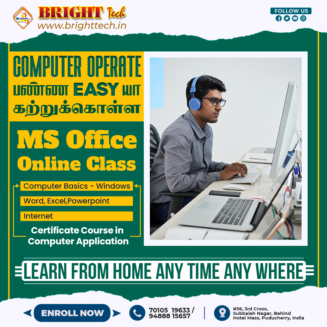 BrightTechPdy's tweet image. Join our MS Office online classes for essential computer skills - Windows, Word, Excel, PowerPoint, and more.
Learn anytime, anywhere, and earn a valuable certificate! 💻✨
☎️ 09488815657
#computertraining #ComputerTrainingCenter #computertraininginstitute #msword #Puducherry