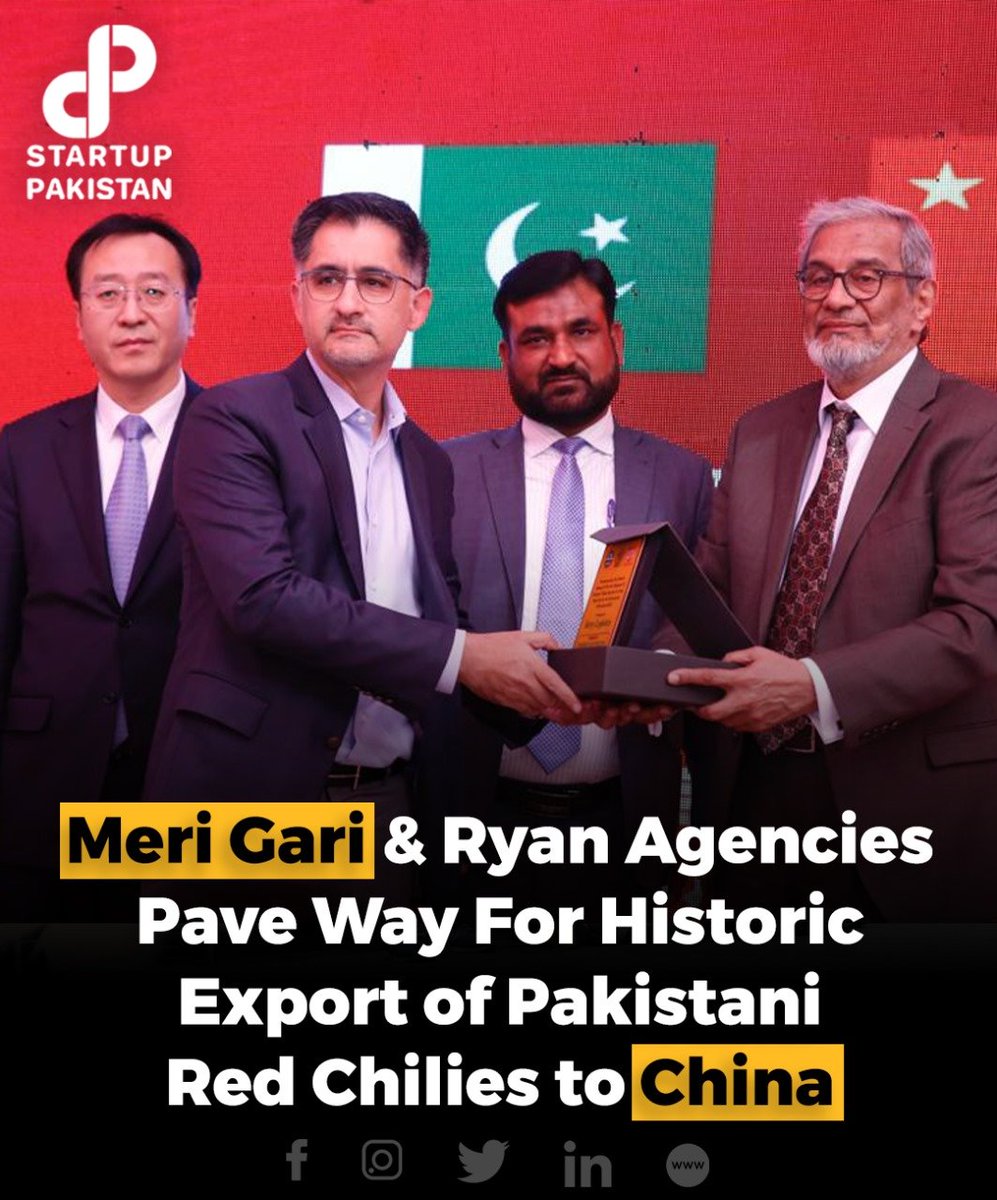 PakStartup's tweet photo. Ryan Agencies and Meri Gari have made history by facilitating Pakistan’s first export of dried red chilies to China as part of the China Pakistan Economic Corridor (CPEC) initiative.
Read More: https://t.co/d5HmMIlchS
#RyanAgencies #MeriGari #Pakistan #China #transportation https://t.co/XYcdiVMe8T