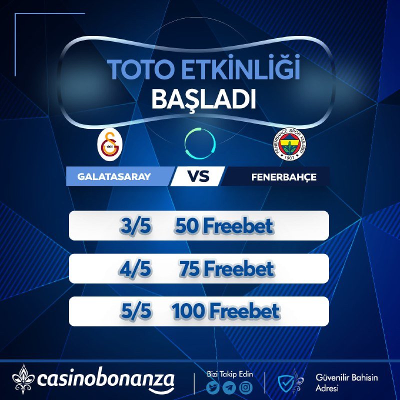 Toto Etkinliği Başladı!
  
🤔 #Galatasaray  - #Fenerbahce 

🎁5/3 - 50 FB 
🎁5/4 - 75 FB
🎁5/5 - 100 FB
  
✅Şartlar; Takip - Rt - Beğen - k adı ve #CasinoBonanza  ile yorum yap!  

🌟Etkinlik Linki üzerinden katılmalısınız!   
Etkinlik Linki👉 casinobonanza.gamedayz.link