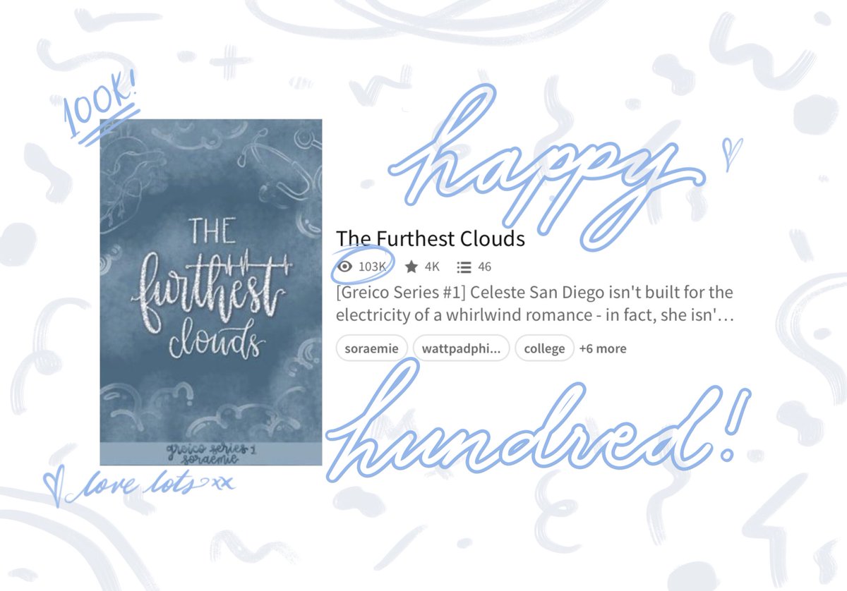 soraemiewp's tweet photo. Happy 100k #TFCwp 🥺☁️

It feels incredibly surreal that my first novel, as flawed and imperfect as it is, managed to find its way to this many readers.

I’ll always be grateful! Thank you for the love you’ve given to Celeste and East!🫀 https://t.co/YJw4OmTkxr