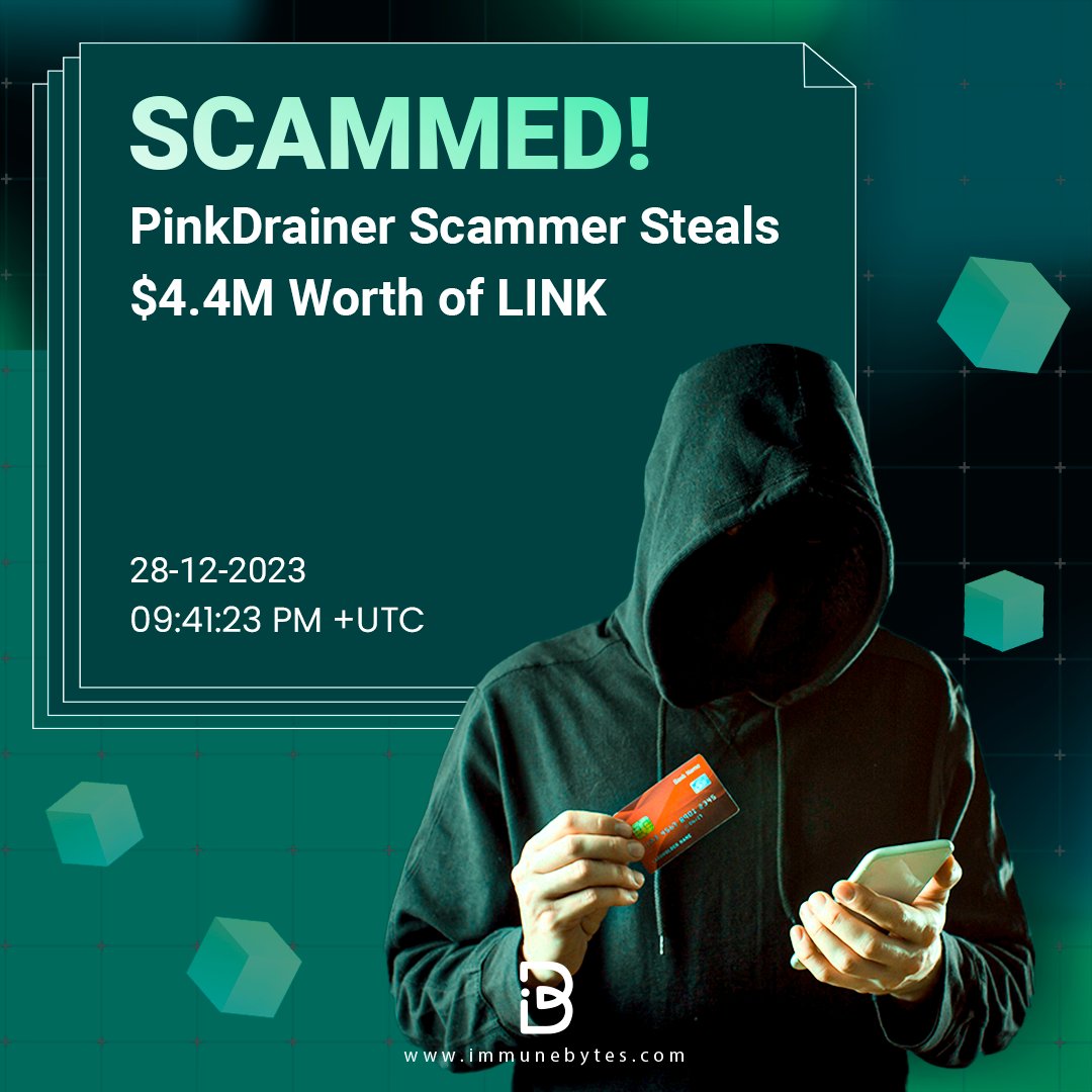 ImmuneBytes's tweet photo. On Dec 28, the infamous #PinkDrainer #crypto #scrammers conned another victim and snatched $4.4M worth of LINK in two transactions.
😈Hack Txn1: https://t.co/4rVHFUd92J
😈Hack Txn 2: https://t.co/7vIf0W9IAk
😕Victim: 0xea69653e6dd19789ac15ce5752547a94da8dd4cf
Fake_Phishing269918: 0x8fae6d798ec0a2127f962ce49573492894d2e70e
Pink Drainer Wallet 1: https://t.co/2c9d8TAYby
Pink Drainer Wallet 2:
https://t.co/DagQsTF2bu
To know phishing techniques adopted by crypto scammers and how to avoid falling for them, read these deep-insight articles on crypto phishing.
👀Zero-Value Token Transfer Phishing Attack:
https://t.co/96Lz4qdnEY
👀What is an Ice Phishing Blockchain Attack?
https://t.co/Mm1JG3tgvw
👀The Beginner’s Guide to Phishing Attacks
https://t.co/a3FxdReooM
#bugbountytips #bugbounty #blockchains #Blockchain101 #blockchaintechnology #WEB3 #CryptoNews #cryptowallet #Cryptoinvesting #Ethereum #Binance #scammed #Hackers #hackathon #hackathons #web3community #CryptoCommunity #smartcontract #SmartContracts #web3jobs #hacked #spammed #cryptotransfer #CryptoMining #Cryptocurency #cryptocurrency #CryptocurrencyMarket #cryptocurrencies #CryptoInvestor #CryptoInvestment