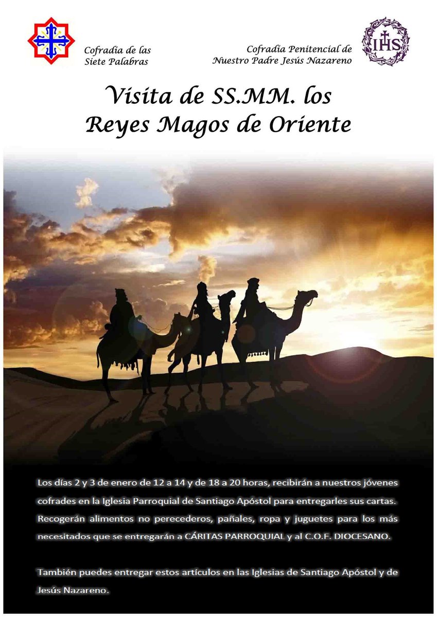 Los próximos 2 y 3 de enero recibiremosen en nuestra sede, la iglesia de Santiago, una visita muy especial, SSMM los Reyes Magos recogerán las cartas de los niños así como alimentos y pañales que entregaremos junto a nuestros hermanos de <a href="/nazarenovall/">Cofradía J.Nazareno</a> a Caritas y COF Diocesano.