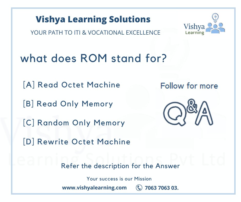 What does ROM stand for? 

Ans: B

Refer: vishyalearning.com for more Q & A
  
#ROM #ReadOnlyMemory #ComputerMemory #DataRetrieval #MemoryTypes #TechKnowledge #ITDefinitions #vishya #vishyalearning #Hyderabad #govtiti #iti #itiswell