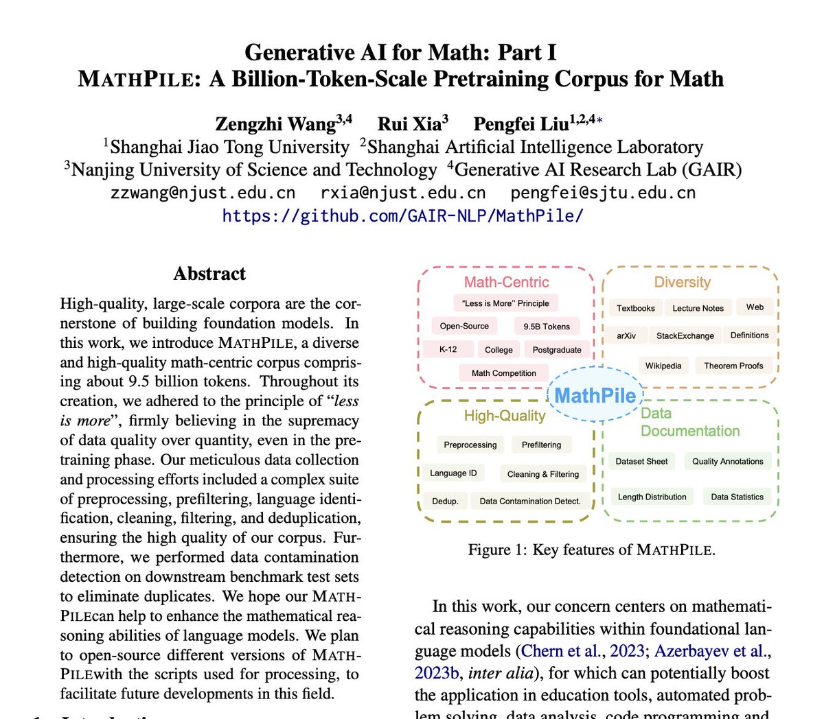MathPile: A Billion-Token-Scale Pretraining Corpus for Math paper page: huggingface.co/papers/2312.17… High-quality, large-scale corpora are the cornerstone of building foundation models. In this work, we introduce MathPile, a diverse and high-quality math-centric corpus comprising