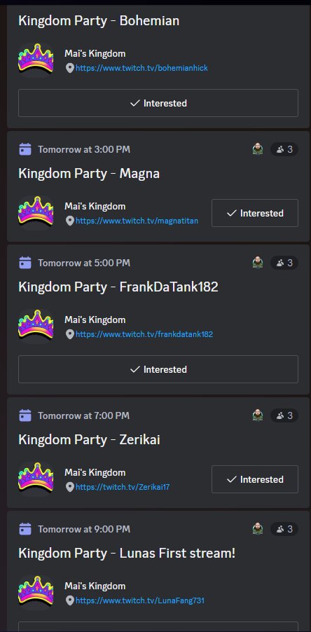 Kingdom Party has a great line up of streamers! Starting at 12pm PST Friday Dec 29th! Hope to see you there! <a href="/MagnaTitan/">Magna Titan</a> @bohemianhic <a href="/FrankDaTank182/">Frankdatank182</a> <a href="/Zerikai17/">Zerikai17</a> <a href="/LunaFang731/">LunaFang731</a> <a href="/maGicW1z4rD93/">magic</a> <a href="/scordy87/">SCORDY87</a> @RaumenTV <a href="/matty_pace/">Matty_Pace</a>