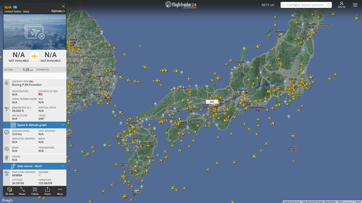 AIYeyENGDdJkjTr's tweet photo. Dec. 29, 2023
#Naval Air Facility Atsugi, Ayase #East China Sea

#NoCALLSIGN #AE689A USN P-8A Poseidon https://t.co/7fXTMCV7eU