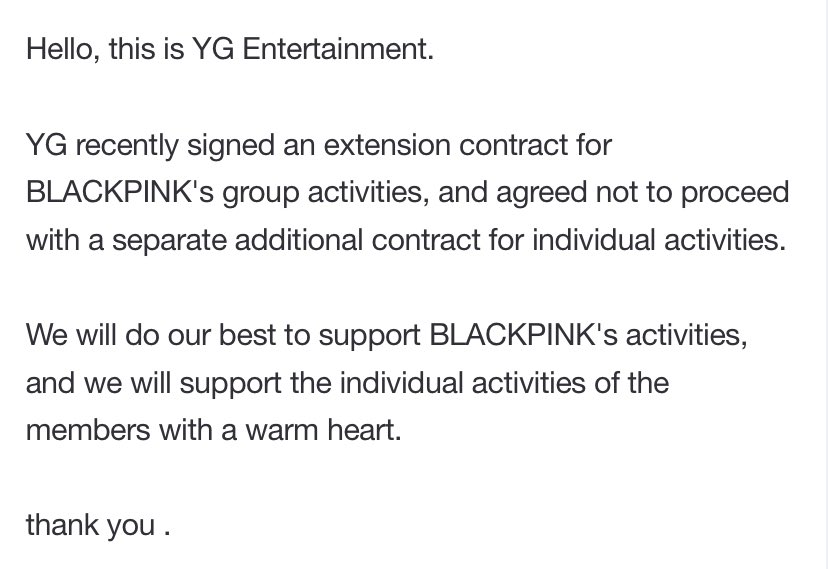 [TRANS] YG Entertainment releases statement that BLACKPINK only signed for GROUP activities and not individual contract under YG.

source: n.news.naver.com/entertain/arti…

#BLACKPINK <a href="/BLACKPINK/">BLACKPINKOFFICIAL</a>