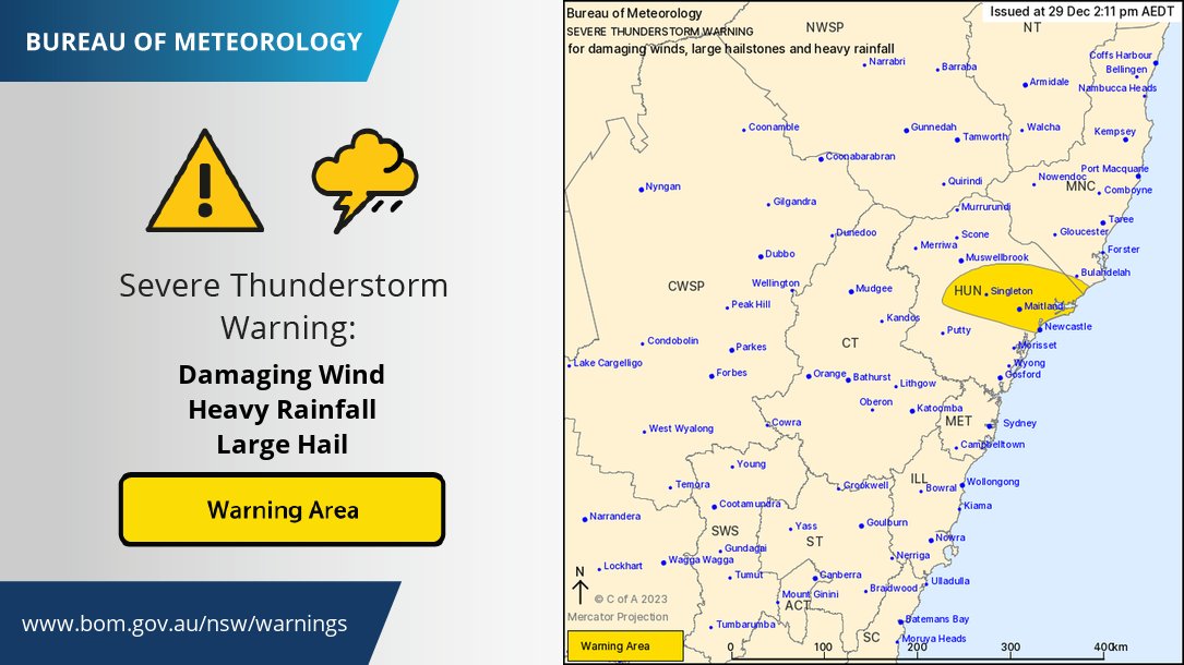 BOM_NSW's tweet photo. SEVERE THUNDERSTORMS WARNING and a CELL-BASED WARNING have been issued for #LowerHunter as a large cell heads towards #Newcastle. LARGE HAIL (>2cm), DAMAGING WINDS (>90 km/h), HEAVY FALLS are all concerns. Warning https://t.co/YirEXV8NvB and https://t.co/tYiUXby2yr https://t.co/gVA4IeY8uC