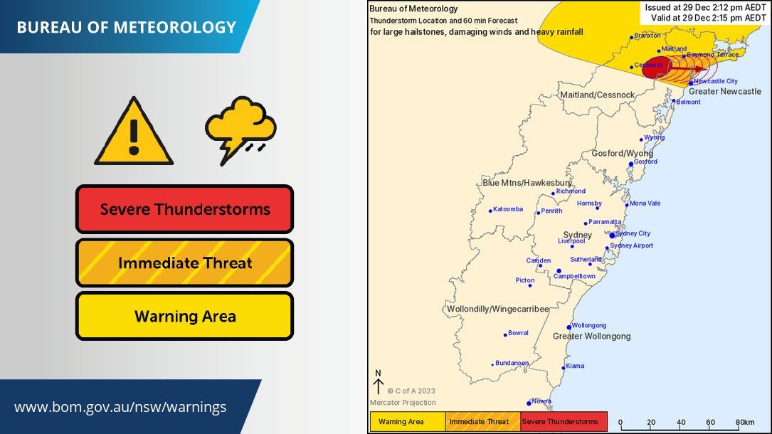 BOM_NSW's tweet photo. SEVERE THUNDERSTORMS WARNING and a CELL-BASED WARNING have been issued for #LowerHunter as a large cell heads towards #Newcastle. LARGE HAIL (>2cm), DAMAGING WINDS (>90 km/h), HEAVY FALLS are all concerns. Warning https://t.co/YirEXV8NvB and https://t.co/tYiUXby2yr https://t.co/gVA4IeY8uC