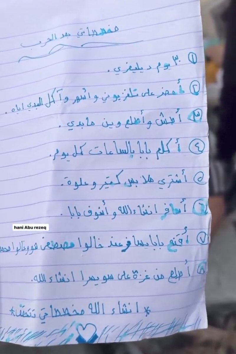 Marchfoward's tweet photo. KEMASKINI

Satu kertas mengandungi senarai perancangan seorang kanak kanak Gaza selepas perang ini berakhir

Namun kanak kanak berusia 12 tahun bernama Silla itu gugur bersama ibunya dan abangnya dalam serangan udara Israel di Kem Menghazi semalam

Terjemahan kertas itu

Perancangan saya selepas perang

1) Saya nak dapatkan makanan yang dihantar(Food Delivery) selama 30 hari

2) Saya nak tonton rancangan TV, tidur lewat dan makan apa sahaja yang saya mahu

3) Saya nak keluar ke mana sahaja saya mahu

4) Saya akan berbual dengan ayah sekurang-kurangnya sejam setiap hari

5) Saya akan beli pakaian cantik

6) Saya akan terbang ke Sepanyol dan jumpa ayah

7) Saya akan yakinkan ayah untuk melancong melawat Pakcik Mustafa dan Pakcik Mohammed

8) Saya boleh tinggalkan Gaza dan melihat Switzerland jika Allah izinkan

InsyaAllah. Jika Allah izinkan. Semua perancangan saya akan berjaya

Sehari sebelum dia meninggal dunia. Dia menulis di dalam buku notanya dan dia tidak makan sarapan. Dia menulis mengenai dia sedang bermain dengan adik beradiknya dan sepupunya iaitu Waed, Jenan, Hala, Leen dan Husam 

Kesemua senarai nama yang dia tulis itu meninggal dunia dalam serangan udara itu selepas itu