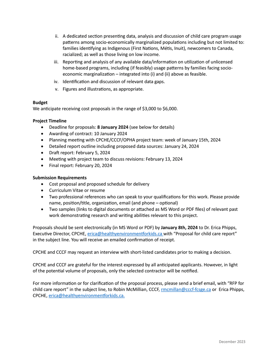 Contract opportunity: CPCHE and @CCCF_FCSGE are looking for an experienced researcher to prepare a short report on child care program usage in Canada. Deadline extended for applications extended to Jan 8, 2024. Learn more: healthyenvironmentforkids.ca/2023/12/28/req…