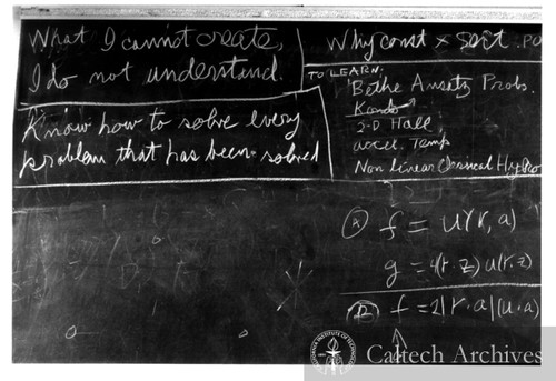 PhysInHistory's tweet photo. "What I cannot create, I do not understand." ✍️

- Feynman's chalkboard at the time of his death, 1988. Caltech Archives Image