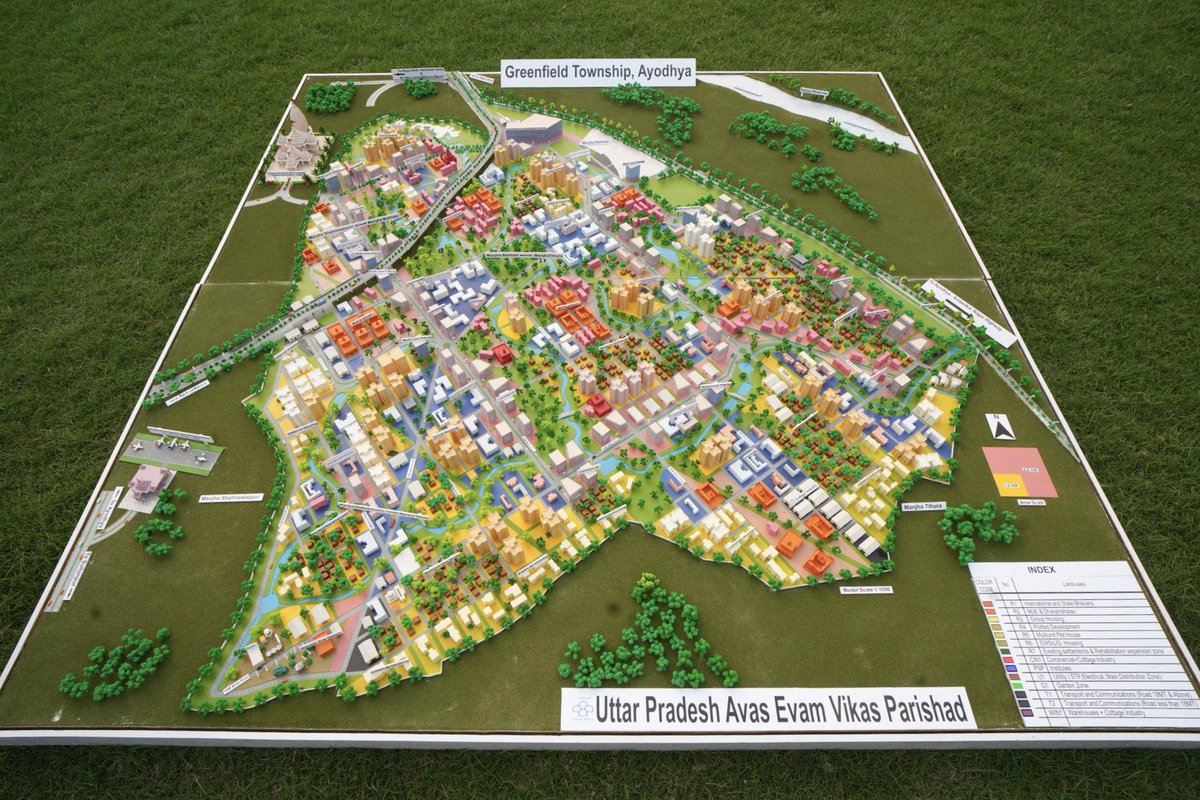 theupindex's tweet photo. PM Modi to lay foundation of the greenfield township Navya Ayodhya on 30 December!

This township will be spread over 1400 acres divided in 14 sectors including ones for International &amp; State Bhawan and Mutt &amp; Dharmshala.

Govt Investment ~ ₹2100 Cr
Layout of Navya Ayodhya👇 https://t.co/fuEI4hDI5q