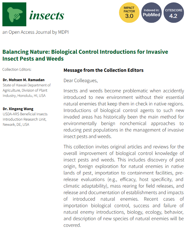 Insects_MDPI's tweet photo. #TopicalCollection "Balancing Nature: Biological Control Introductions for #Invasive Insect #Pests and #Weeds" 

🔥Enjoy reading 7 published papers and welcome to submit your articles on this topic!
https://t.co/YcvHUmtuAp
#biologicalcontrol #naturalenemies #fruitfly #parasitoid https://t.co/zScpiFOhSt