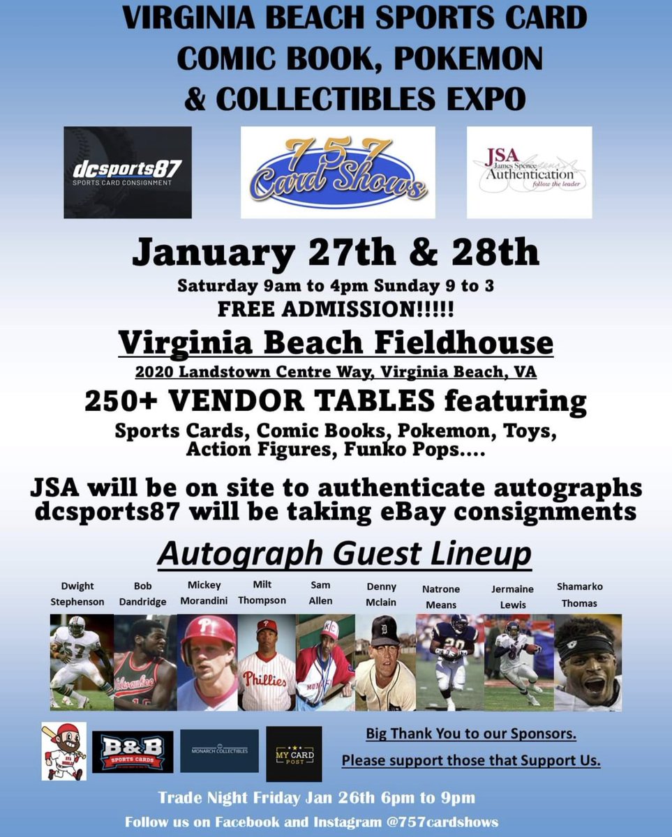 Tidewater's largest show is back and better than ever.
2 Days
12 Autograph guests
JSA on Site autograph authentications
<a href="/CardPurchaser/">Card Purchaser</a> 
#cardshow
#POKEMONCARDS 
#comics