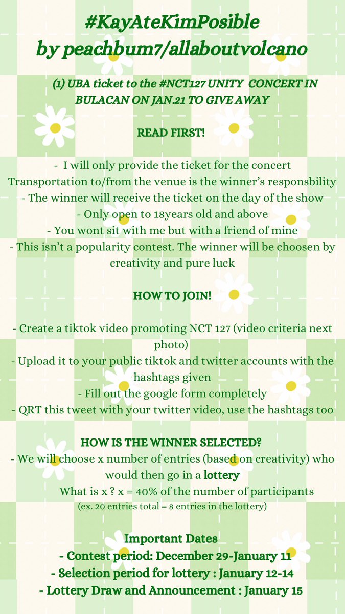 peachbum7's tweet photo. GOOD DAY, EVERYONE! 
I’m giving away ONE UBA Ticket to NCT127’s Unity Concert in Bulacan 💚☺️💐

Hashtags ⬇️
#KayAteKimPosible #NCT127 #NEOCITY 
#NCT127_NEOCITY_THE_UNITY
#NEOCITY_THE_UNITY_in_BULACAN 

(@allaboutvolcano is me 💚)

Gform - https://t.co/z4ggWOc1c0 https://t.co/kNi1xAIuhs