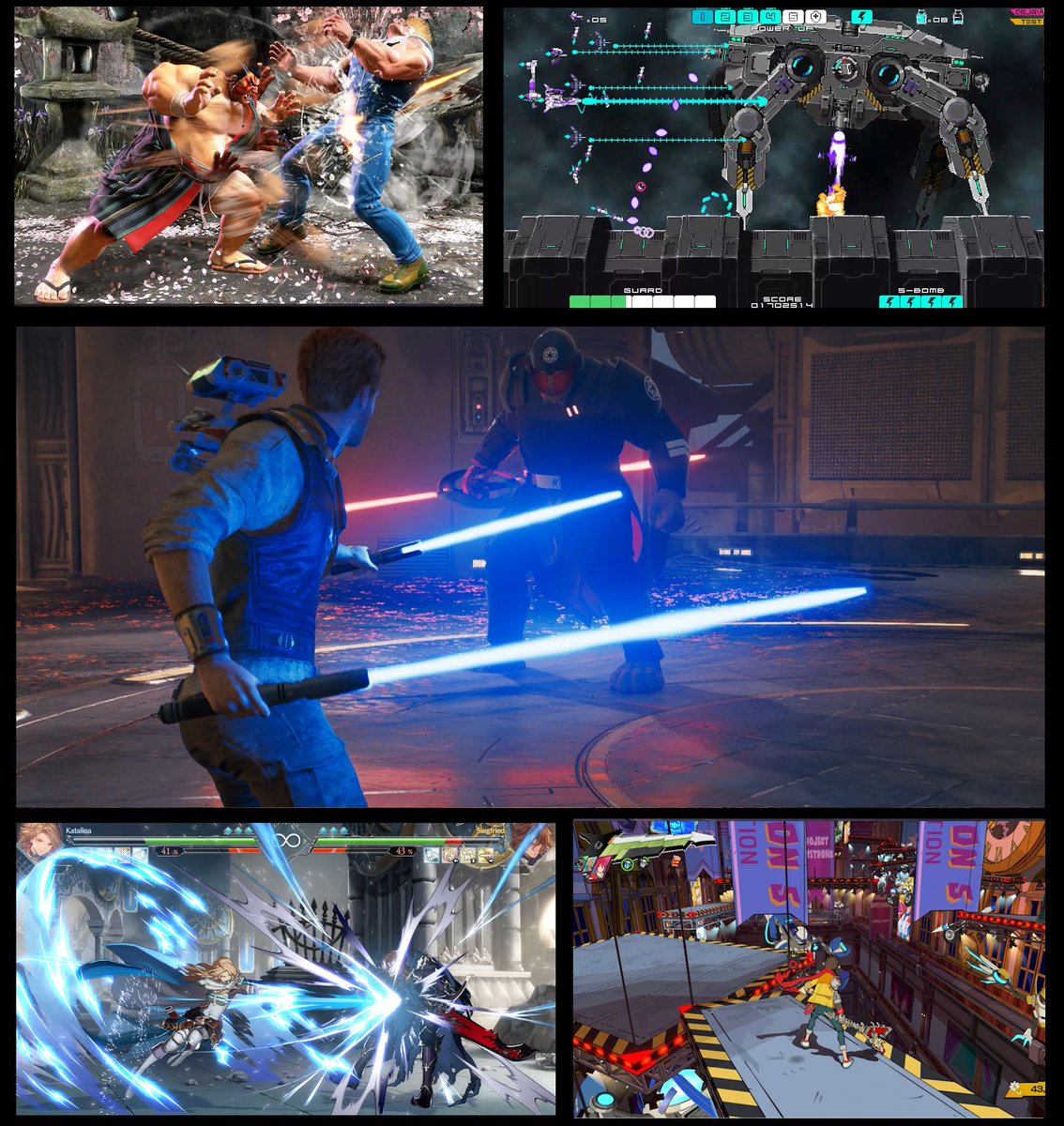 FalconXBlast's tweet photo. My five favorite games of 2023 #FiveFavGamesOf2023 #StreetFighter6 #StarWarsJediSurvivor #HifiRUSH #DRAINUS #GBVSR🎮🕹️ https://t.co/eKtrl4oByI