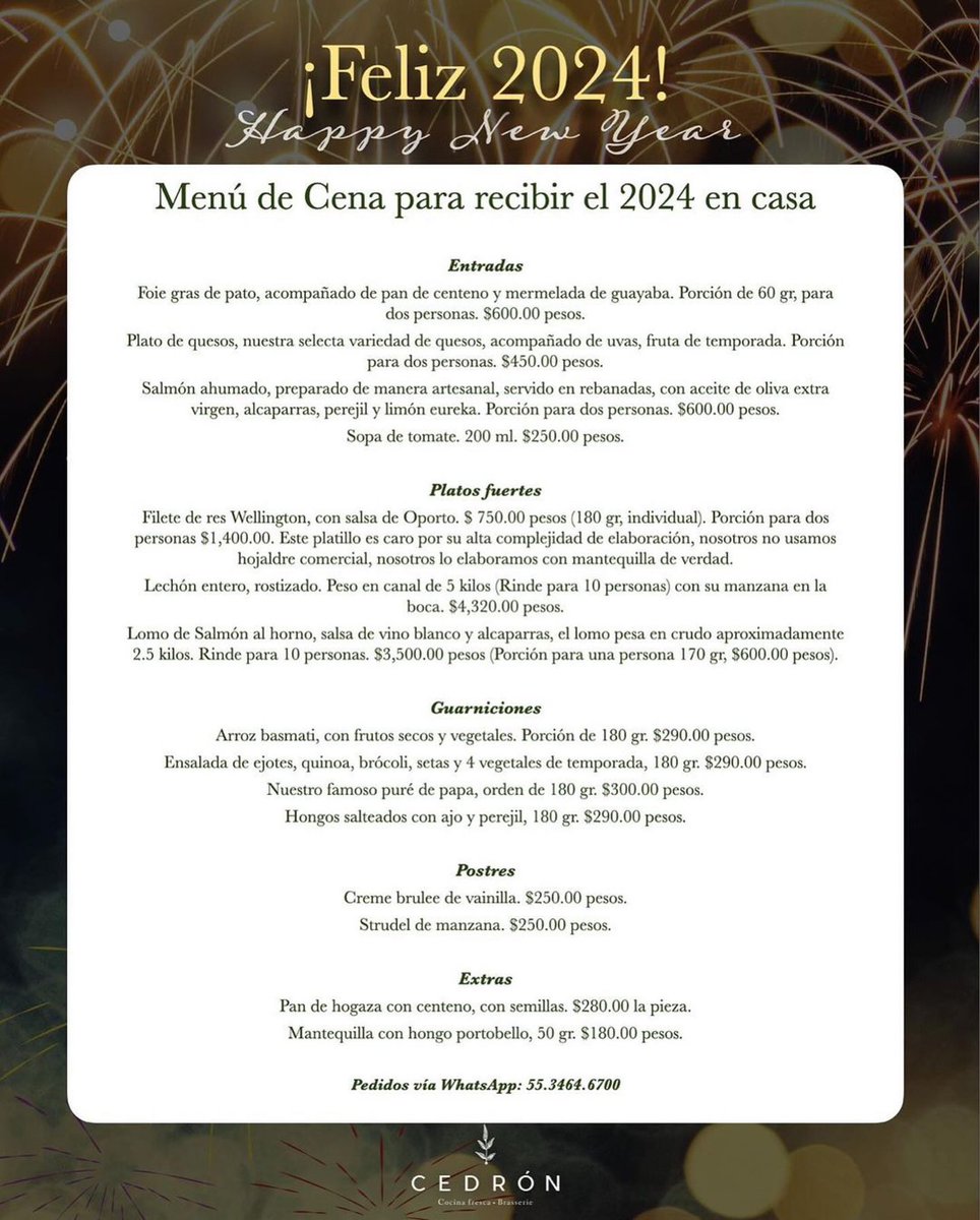 Las mesas en donde se comparte buena comida, son siempre motivo de celebración. 🥂 Recibe el 2024 con los mejores sabores, ya sea en nuestro restaurante, o en tu propio hogar. ¡Últimos pedidos y reservaciones! 🪅

📱 Info, pedidos y reservaciones: wa.me/525534646700