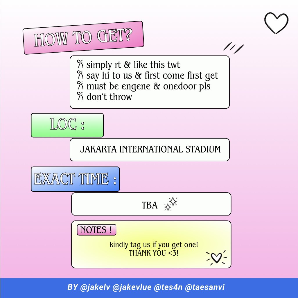 jakelv's tweet photo. 𐙚 GDA IN JAKARTA 
ִ ࣪𖤐 freebies for engene &amp; onedoor only ִ ࣪𖤐
– by @jakelv @jakevlue @tes4n @taesanvi

⏱️ time &amp; location tba

༘⋆ you will get stickers set &amp; candy
how to claim : 
☆ rt &amp; like 
☆ find us &amp; say hi
☆ kindly tag us :o

see you there engenes &amp; onedoor! :3 https://t.co/m7puFvjAmM