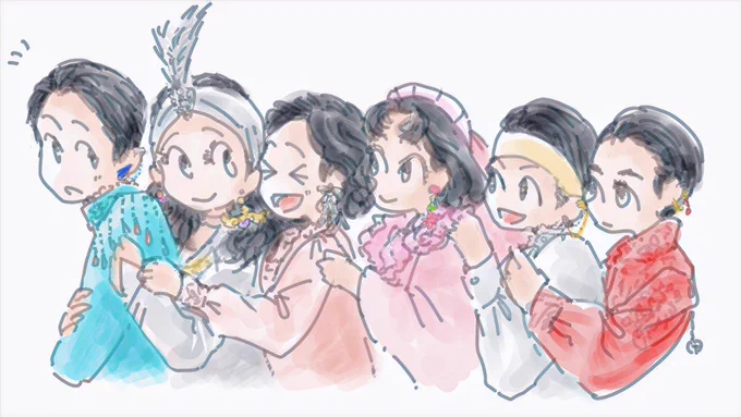 四季の宴のイメージで梅丸メンバーのイヤリングとイヤーカフ作ってたけど #ブギウギ総集編 見てたら久々にイラストも描きたくなったブロマイドはな湯のUSKコーナーっぽく飾れてるかな…#ブギウギ #ブギウギ絵 