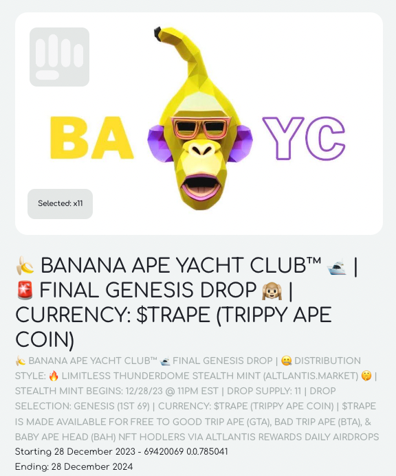HELDiWanKenHODL's tweet photo. π¨ THE LAST @BAYCHedera GENESIS DROP IS LIVE π
π: https://t.co/9sBjwM86qu
π GENESIS DROP SUPPLY: 69
π FINAL DROP SUPPLY: 11
π STYLE: LIMITLESS STEALTH THUNDERDOME
π PUBLIC PRICE: 69,420,069 $TRAPE
π DISCOUNTS (IN ORDER): #ORDER66, #BadTripApes, @GoodTripApes, @BAYCHedera https://t.co/SXTAuou8WY