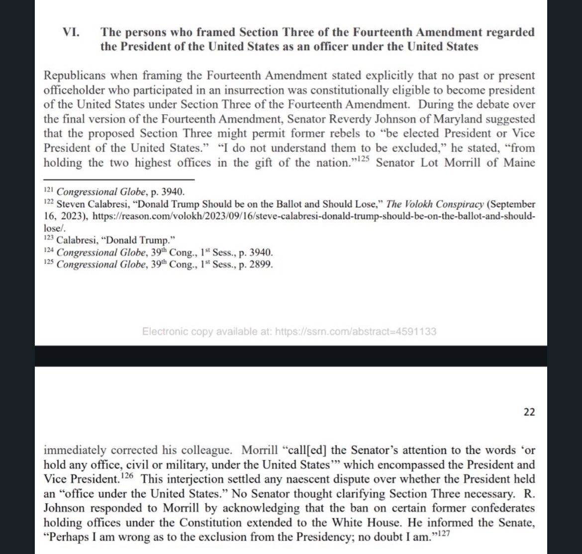 williamlegate's tweet photo. The authors of the 14th Amendment wrote it to INCLUDE “the presidency”

In fact, they believed the current language is *so obvious* that the presidency is included that no further clarification was needed.

Anyone arguing otherwise is lying. https://t.co/B9GmYqxhYj
