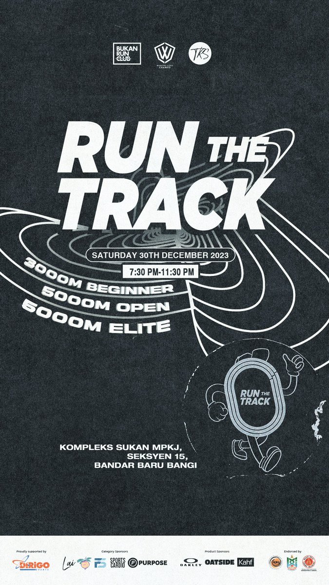 Hai semua!

Esok, 30.12.2023 bertempat di Kompleks Sukan MPKJ Bangi akan diadakan acara Run The Track anjuran bersama TRS, BRC &amp; WCC. 

Jemput datang beramai ramai untuk memeriahkan acara RTT!

#runthetrack
#TRS
#BRC
#WCC