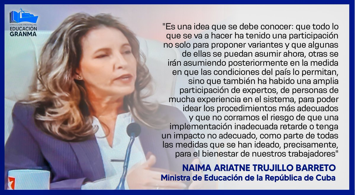 Yane1606's tweet photo. La ministra de Educación de Cuba, @btan0987, desde el espacio televisivo Mesa Redonda, abordó sobre las decisiones del Gobierno para incrementar los ingresos y mejorar la atención a los trabajadores del sector educacional. #EstaEsLaRevolución #CubaMined https://t.co/IUl8IjKiMC