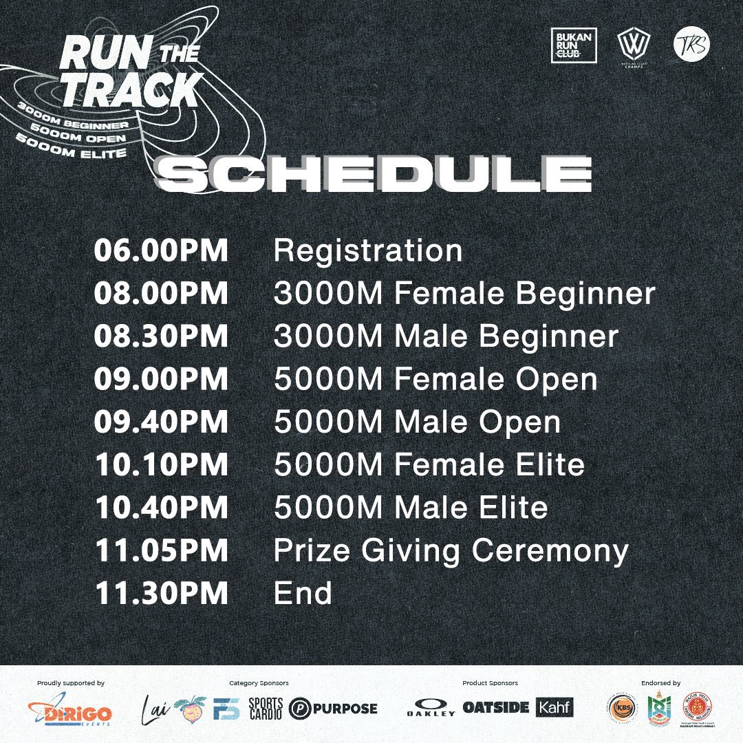 Trek akan dibuka seawal 730pm untuk penonton, dan korang semua boleh datang untuk berikan sokongan kepada pelari elit &amp; kawan-kawan korang yang join!

Kami jugak ada banyak booth menarik yang dibuka yang korang boleh lawati sepanjang acara berlangsung!

#rtt
#TRS
#BRC
#WCC