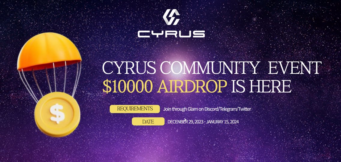 crslab_official's tweet photo. ✏️Cyrus New Community #Airdrop 

✔️invite you to the newly branded #Cyrus Community!

🟢Official Access: Join Discord/Telegram/Twitter
🟢 Airdrop : Cyrus Airdrop: first-come, first-served basis up to $10000
🟢Date :  Dec.29.(Fri) - Jan.15(Mon)
🟢Join :  https://t.co/C45wMHjKm0 https://t.co/RtFHP1ZOVh