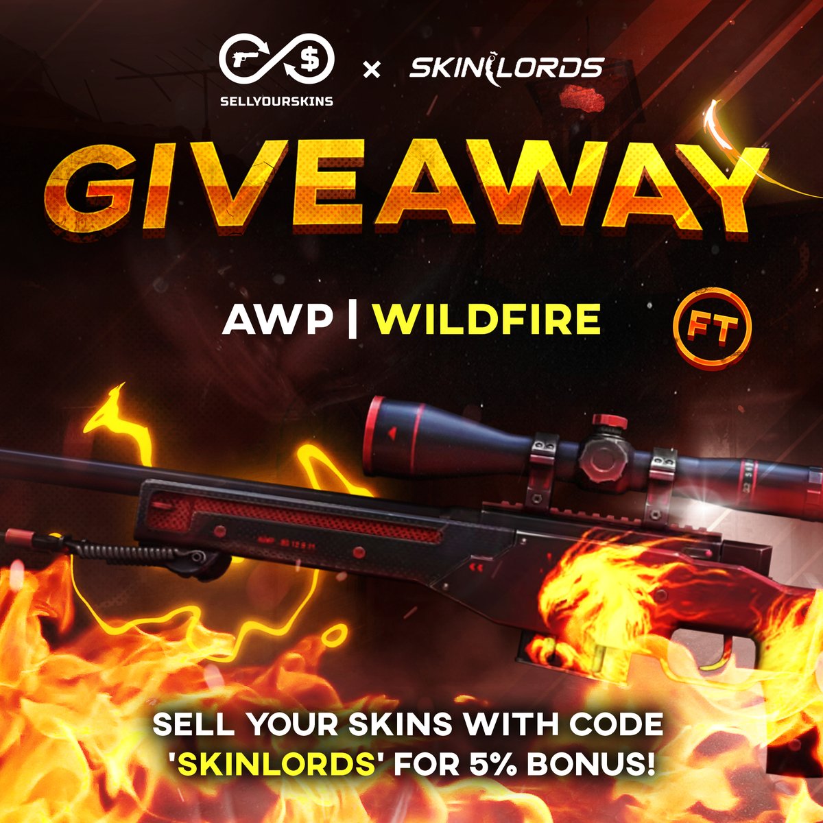 AWP Wildfire 🎁 CS2 Skin Giveaway! ✅ To enter: - Follow us and @sellyourskins - Repost and Tag a friend Ends in three days. Best of luck!