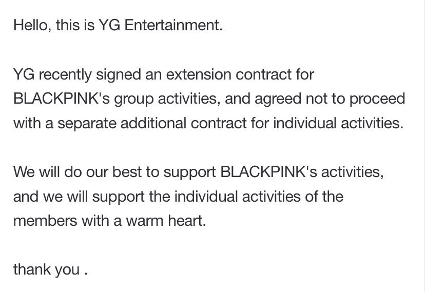 [NEWS] YG recently signed an extension contract for BLACKPINK’s group activities, and agreed NOT to proceed with a separate additional contract for INDIVIDUAL activities. 

We will always love and support ROSÉ🌹❤️🎄

#ROSÉ ⁠⁠#BLACKPINK  #로제 #블랙핑크