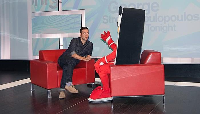 iamrobsinclair's tweet photo. George Stroumboulopoulos interviewing me as #PeterPuck clinched him the #OrderOfCanada…just joking 😁. His signature sincerity &amp; style in profiling &amp; promoting Canadian achievers &amp; achievements has made him a relevant voice to a generation. Congrats, @strombo! #canada 🇨🇦 https://t.co/G5HyOVgLi6