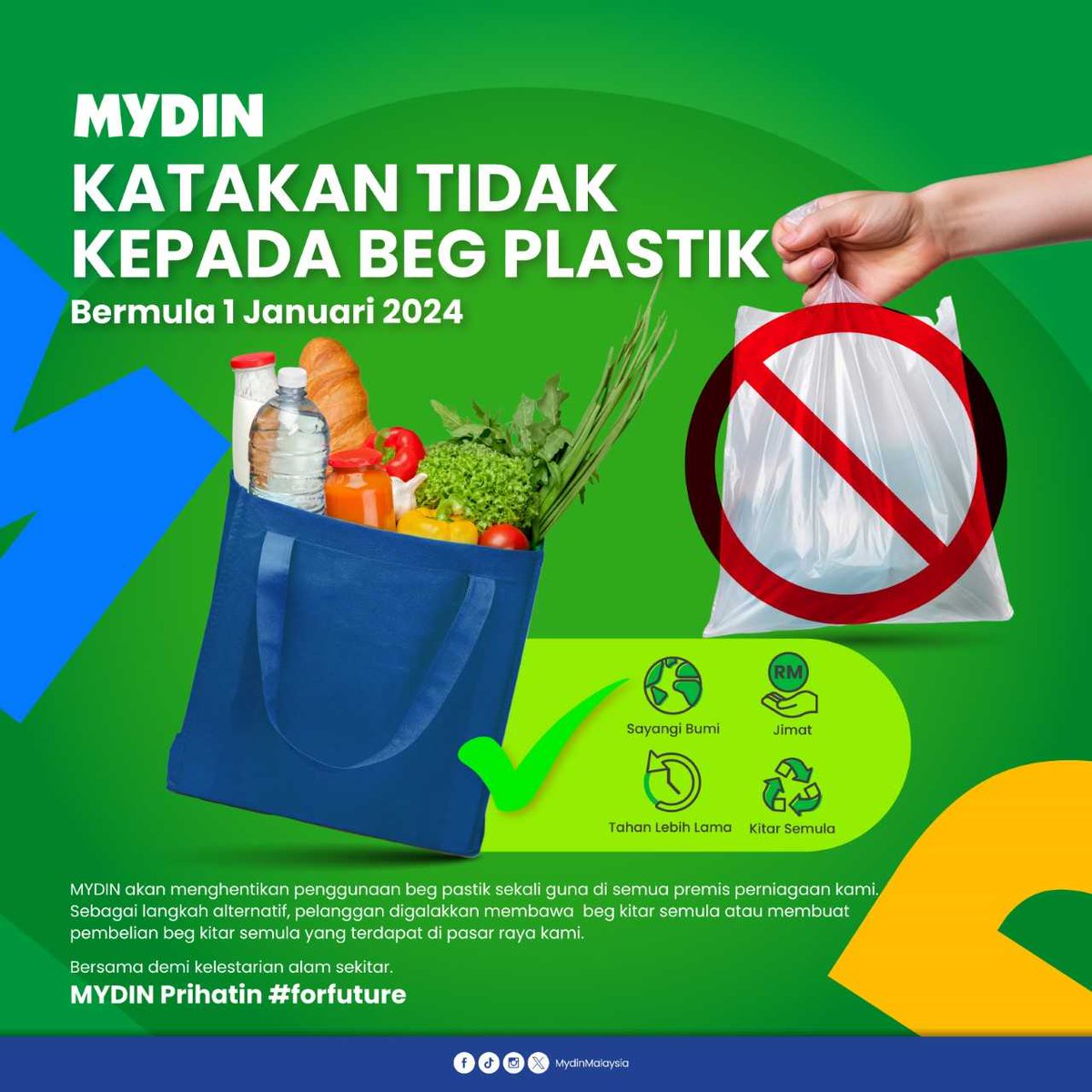 Bermula 01 Januari 2024, penggunaan beg plastik akan dihentikan serta merta di semua cawangan MYDIN. ♻️

#forfuture