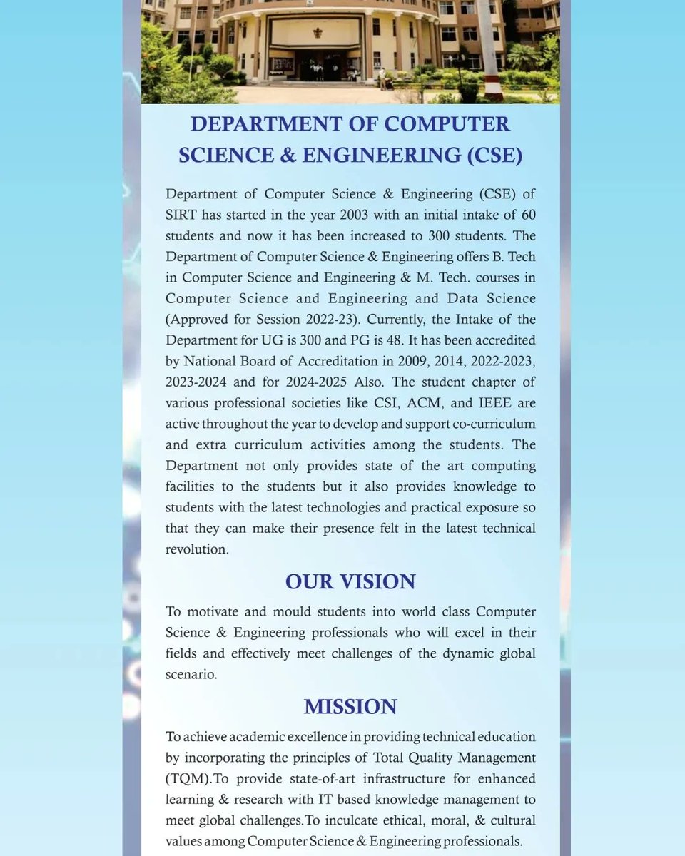 SIRT_BHOPAL's tweet photo. Department of Computer Science and Engineering of "Sagar Institute of Research and Technology Bhopal", NBA Accredited is organizing a seminar on "Intellectual Property rights (IPR): Safeguarding Innovation in the Digital Age" sponsored by "MPCST", on 19th-20th January 2024. https://t.co/H4qooBUW1W