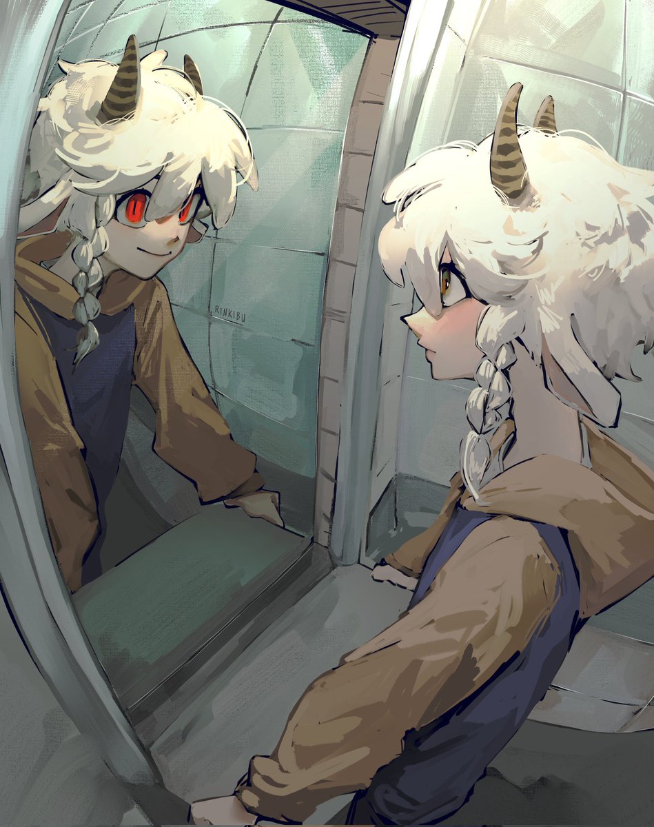 horns braid red eyes reflection white hair hood mirror  illustration images