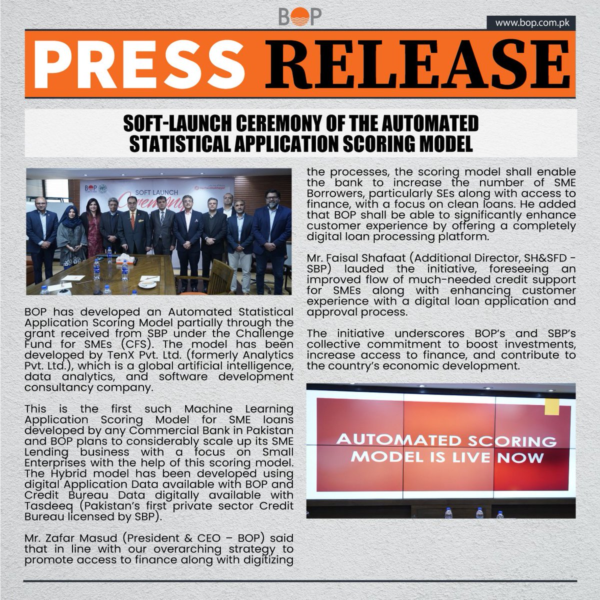 thebankofpunjab's tweet image. BOP unveils an Automated Statistical Application Scoring Model for SME loans, powered by a grant from SBP&apos;s Challenge Fund for SMEs (CFS). Developed by TenX Pvt. Ltd., a global leader in AI, data analytics, and software development.

#TheBankOfPunjab #HarFardKaKhayal #SMEbanking…