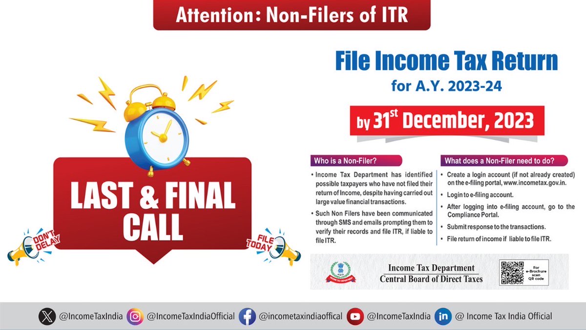 IncomeTaxIndia's tweet image. Kind Attention Taxpayers!

Here&apos;s your last and final call to file your ITR for A.Y. 2023-24 by 31st December, 2023.

Hurry!
#FileNow. 

For more information, please visit incometax.gov.in/iec/foportal/