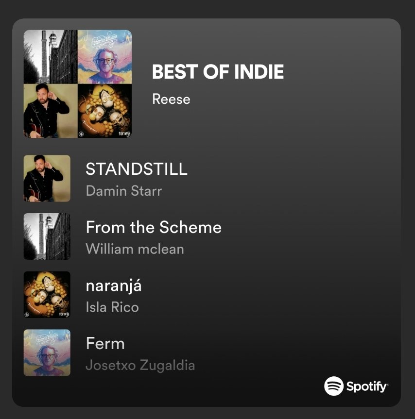 How awesome is that 🙂  "STANDSTILL" being added to so many #Spotify #Playlists

Thank you BEST OF INDIE by Reese for the add and sharing my #music with your listeners  🎧🎶

#Happy 

open.spotify.com/playlist/4aKLS…