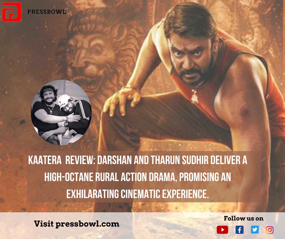pressbowl's tweet photo. #Kaatera: A power-packed #Kannada #Drama by director #TharunSudhir and producer #RocklineVenkatesh, starring #DarshanThoogudeepa, #AradhanaRam, and #jagapathibabu. Set in 1970s #Hampi, the film addresses #societal issues. #Premiered in theaters on Dec 29, 2023 #KaateraReview https://t.co/2E8gE8umwP